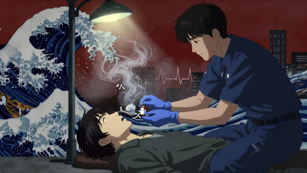 Paramedics administer naloxone to an overdose victim under a streetlamp, mist forming skeletal hands, EKG lines blending with traditional waves.