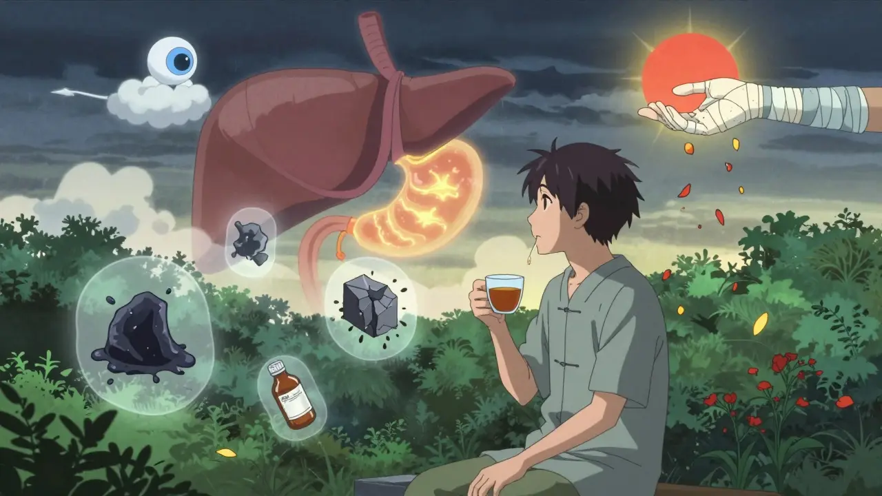 Patient in a garden at dawn, surrounded by floating memories of bleeding events and healing symbols under a rising sun.