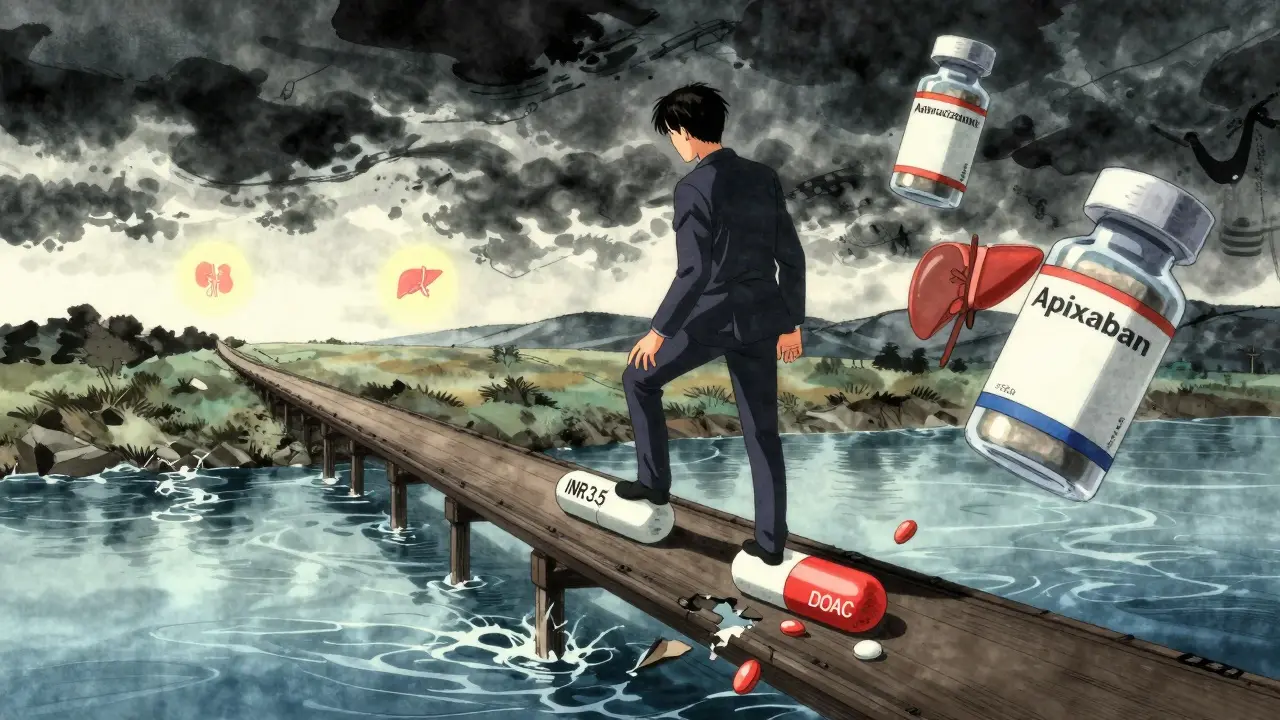 Person crossing a symbolic bridge from warfarin to DOAC, with anticoagulant reversal agents floating above.