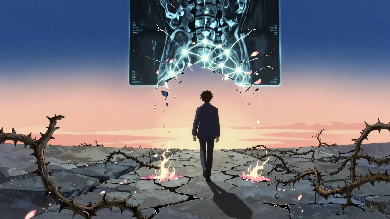Person stepping forward as thorny vines turn to petals, shattered MRI replaced by glowing neural network, soft sunset sky.