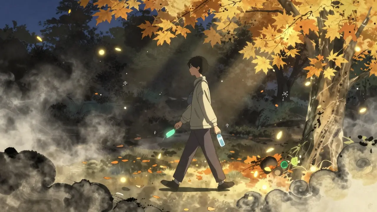 Person walking through a park with glowing particles symbolizing body adjustment to medication.