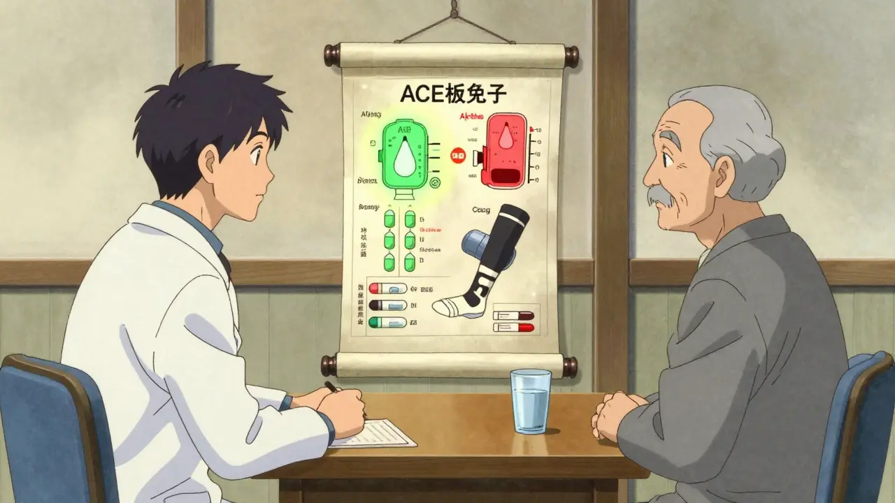 Pharmacist and senior reviewing medication chart with ACE inhibitors glowing green and alpha blockers red.