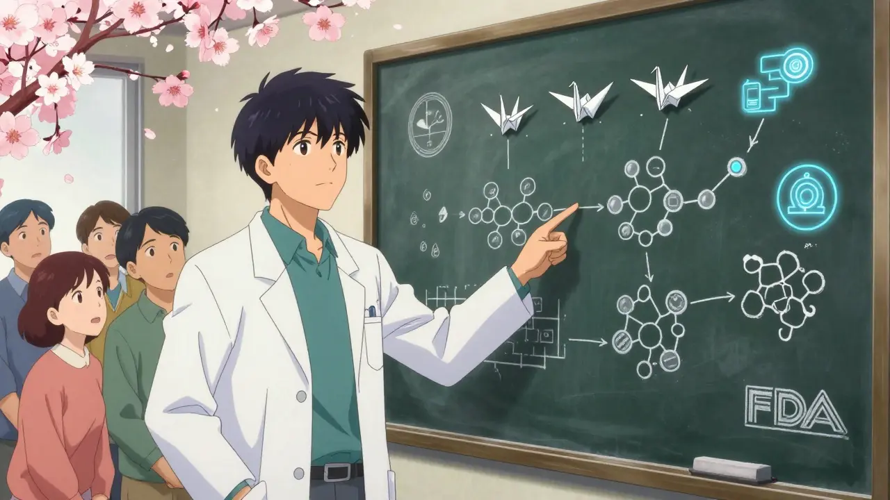 Pharmacist explaining biosimilars using a chalkboard with protein and origami crane diagrams.