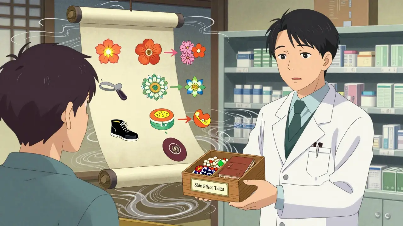 Pharmacist handing a patient a wooden box with tools to manage medication side effects.