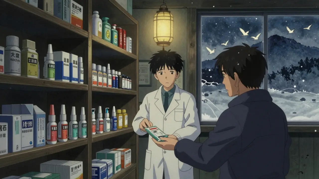 Pharmacist hands naloxone to patient in a rural pharmacy with snow falling outside.