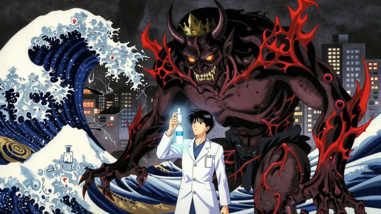 Pharmacist holding saline spray against a monstrous decongestant demon in a symbolic battle of health vs. risk.