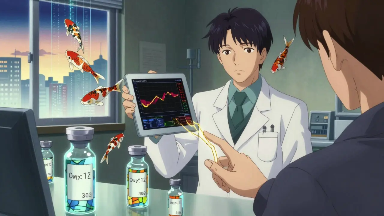 Pharmacist monitoring patient adherence data with shimmering biosimilar vials floating nearby.