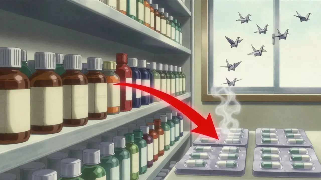 Pharmacy shelf with liquid bottles vs. mini-tablets, paper cranes flying away.