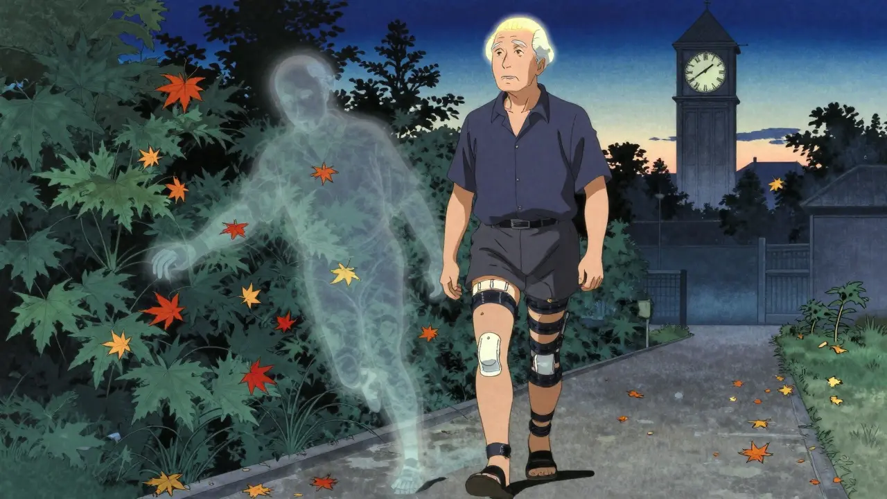 Senior walking safely in garden with compression stockings, falling ghostly figure dissolving into leaves.