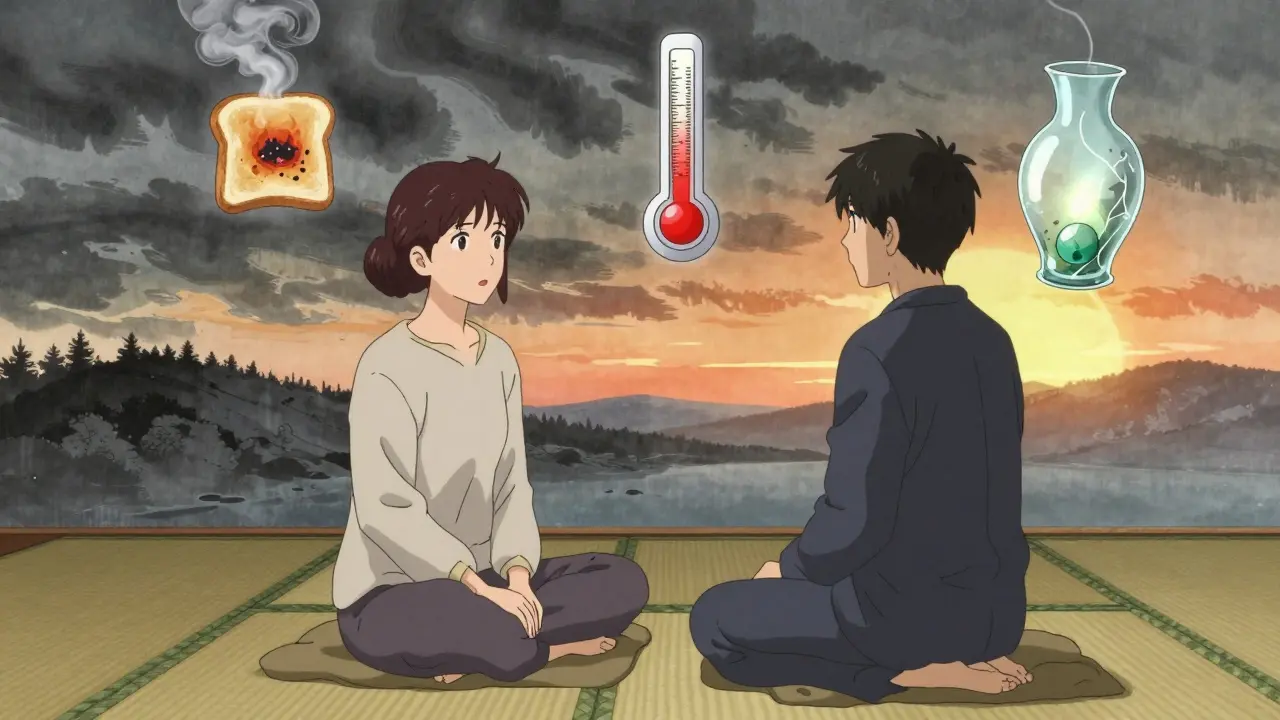 Therapist and patient on tatami mat surrounded by floating metaphors: smoke alarm, thermostat, healing vase, sunrise landscape.