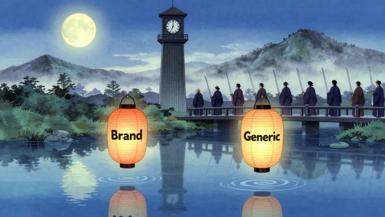 Two lanterns drifting on a river, symbolizing brand and generic drug equivalence.