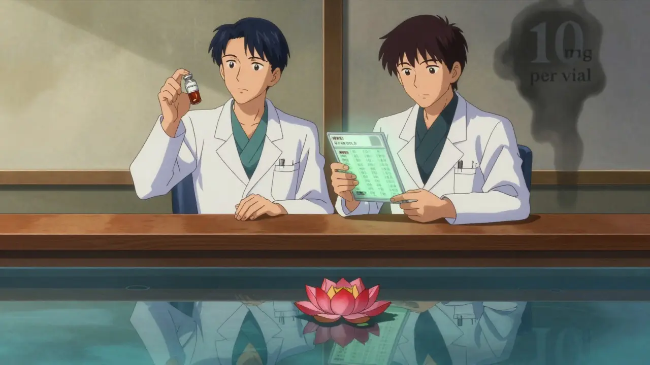 Two pharmacists verifying a labeled vial together, with a red lotus symbolizing risk and a dissolving wrong label.