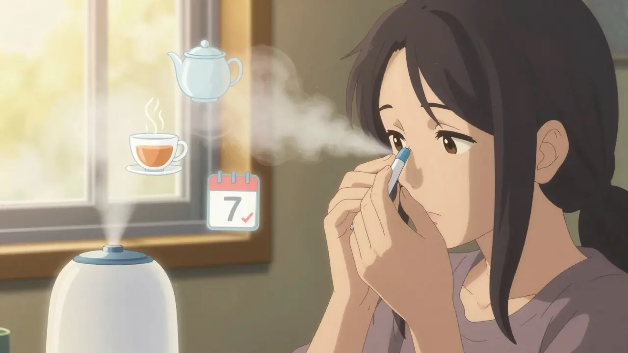 Woman using saline spray by a sunny window with humidifier and safe remedies floating nearby.