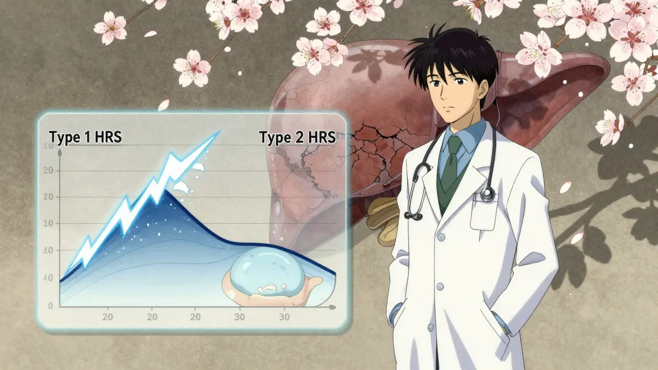 A diagnostic chart showing two timelines of HRS types, with a cracked liver casting shadows over a bloated abdomen.