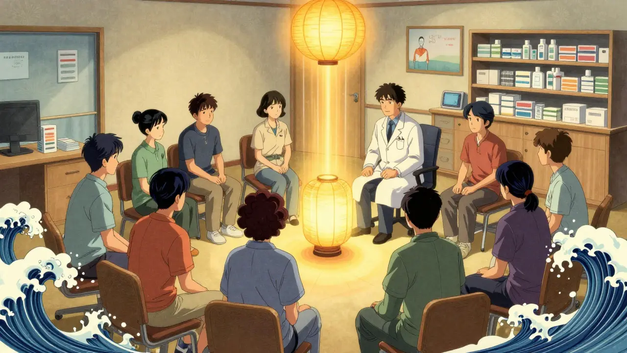 A diverse group of patients and healthcare providers in a calm clinic, connected by warm golden light.