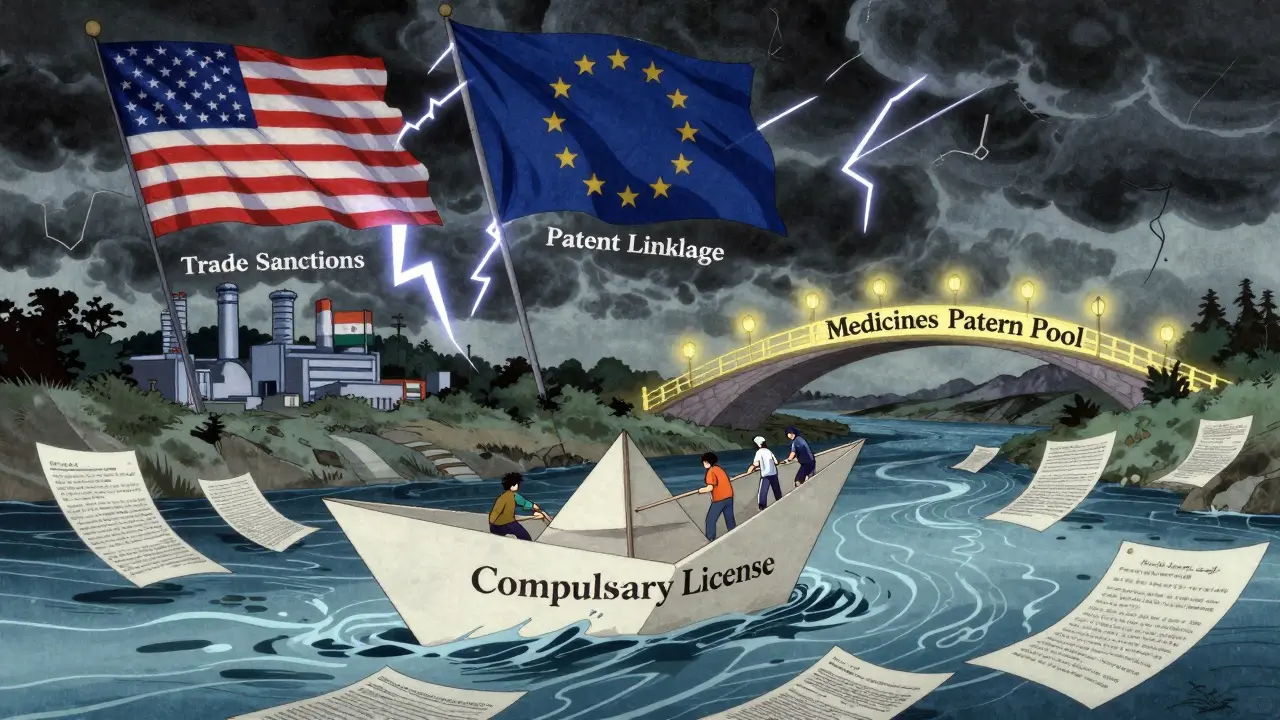 A fragile license boat floats toward a generic factory amid threats of trade sanctions and patent barriers.