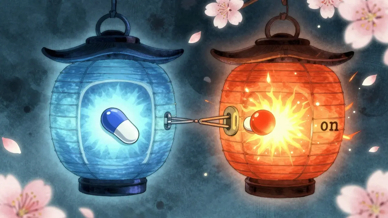 A Japanese lantern-shaped H1 receptor glows with conflicting blue and orange light as drug molecules bind.
