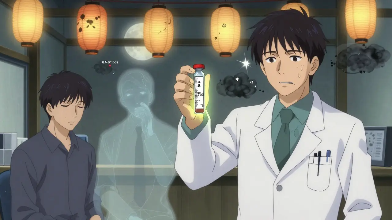 A neurologist holding a blood vial as ghostly versions of a patient show before and after seizure effects.