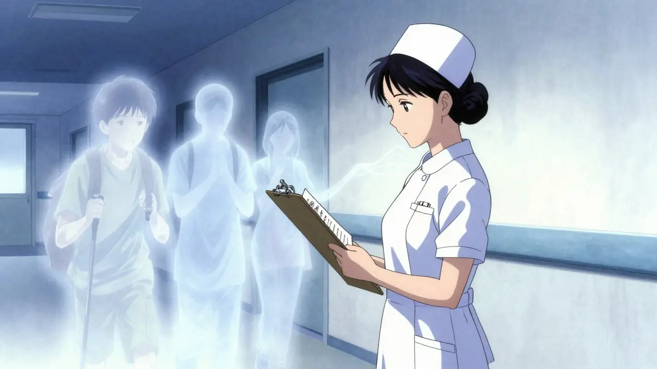 A nurse holding a patient directive with translucent ghostly images of the patient’s past self, symbolizing substituted judgment in medical decision-making.