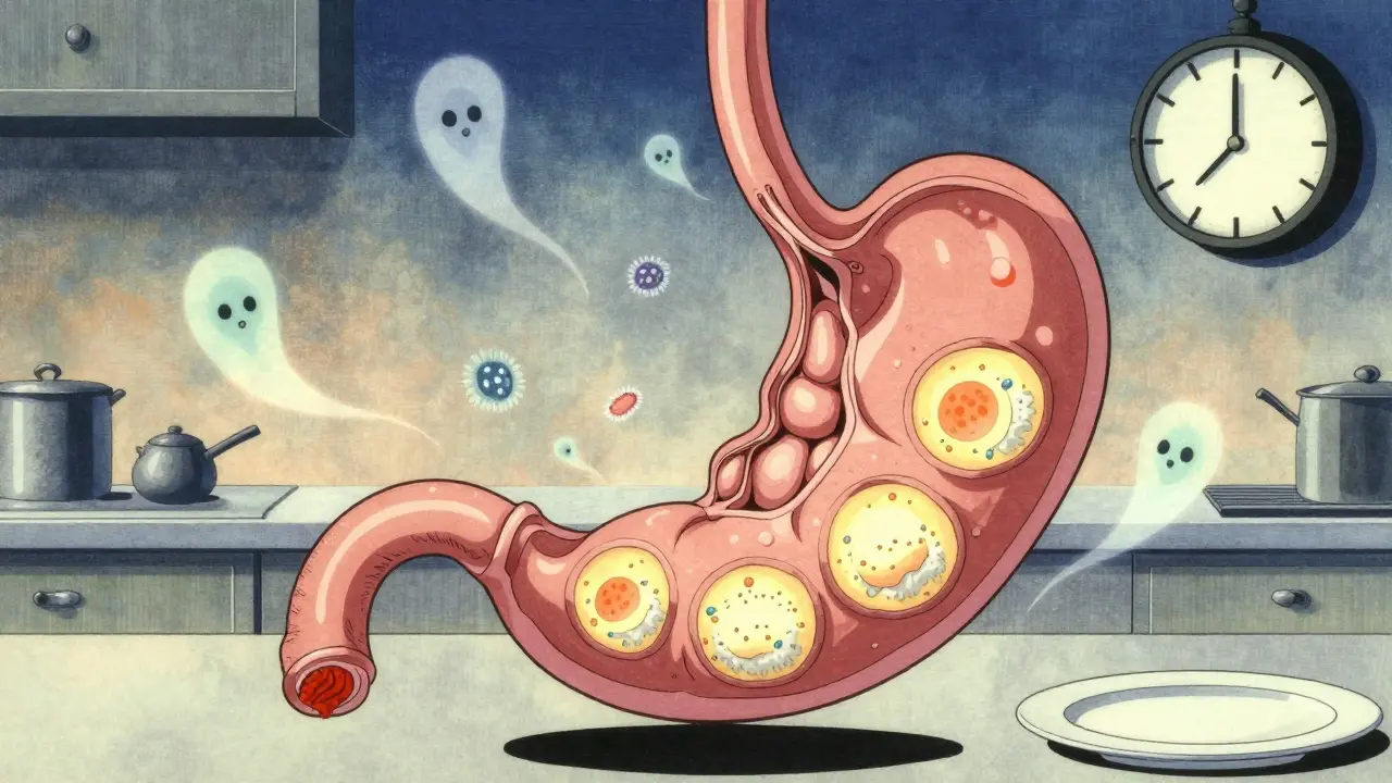 A paralyzed stomach with lingering food and swirling bacteria, illuminated in a quiet kitchen at midnight.
