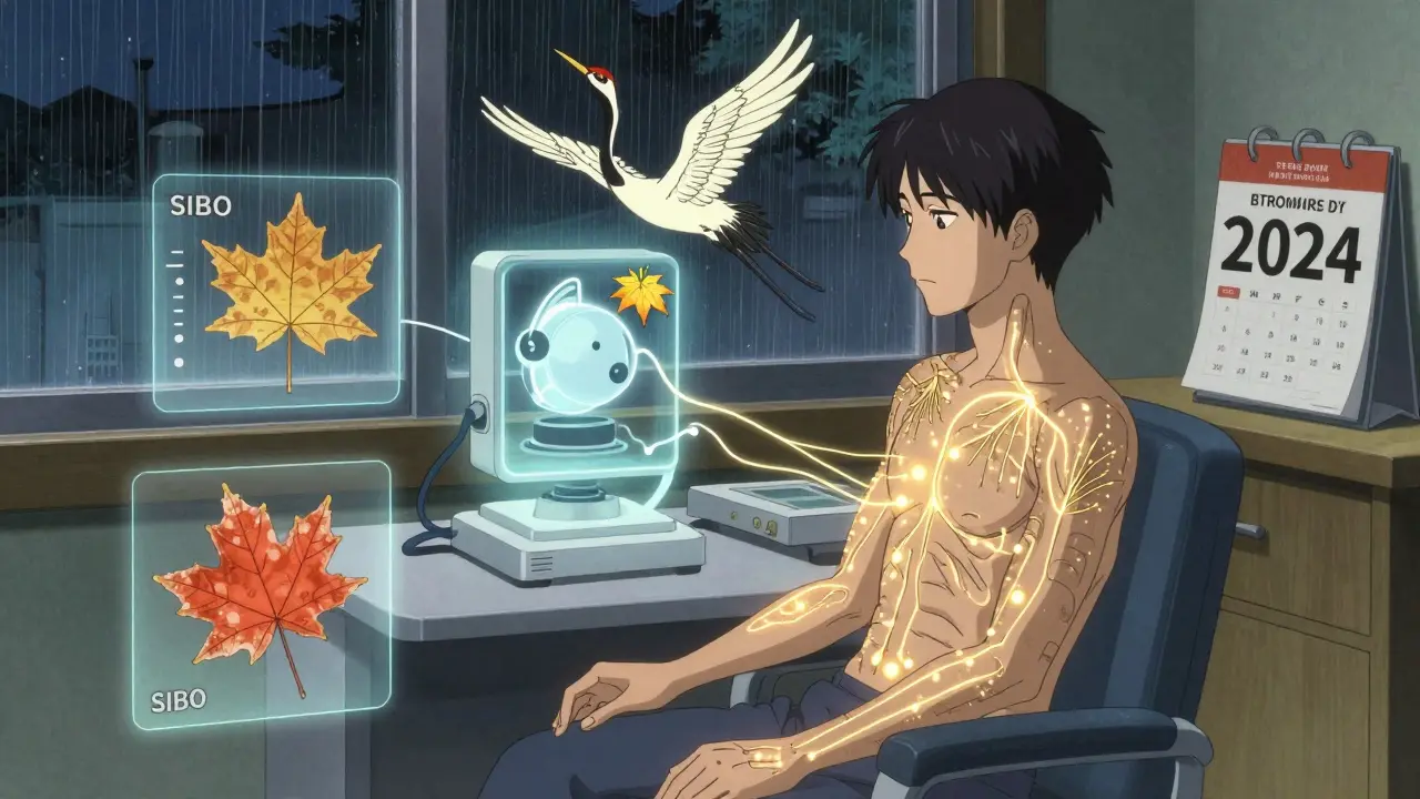 A patient in a clinic with glowing neural pathways mapped by a crane-shaped device, ukiyo-e style.