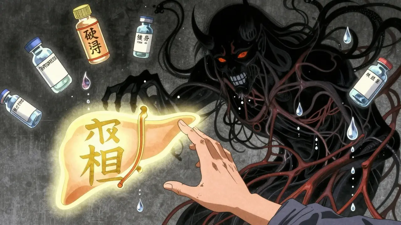 A patient reaching for a transplant sign as a spectral HRS demon dissolves into ink, with medical vials floating like talismans.