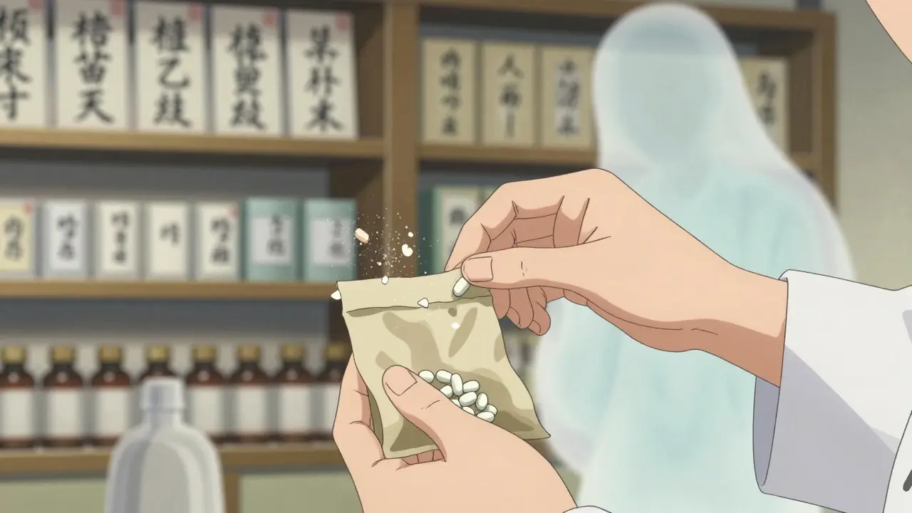 A pharmacist placing single pills into a bag as a crumbling combination pill dissolves beside them, in a traditional Japanese-style pharmacy.