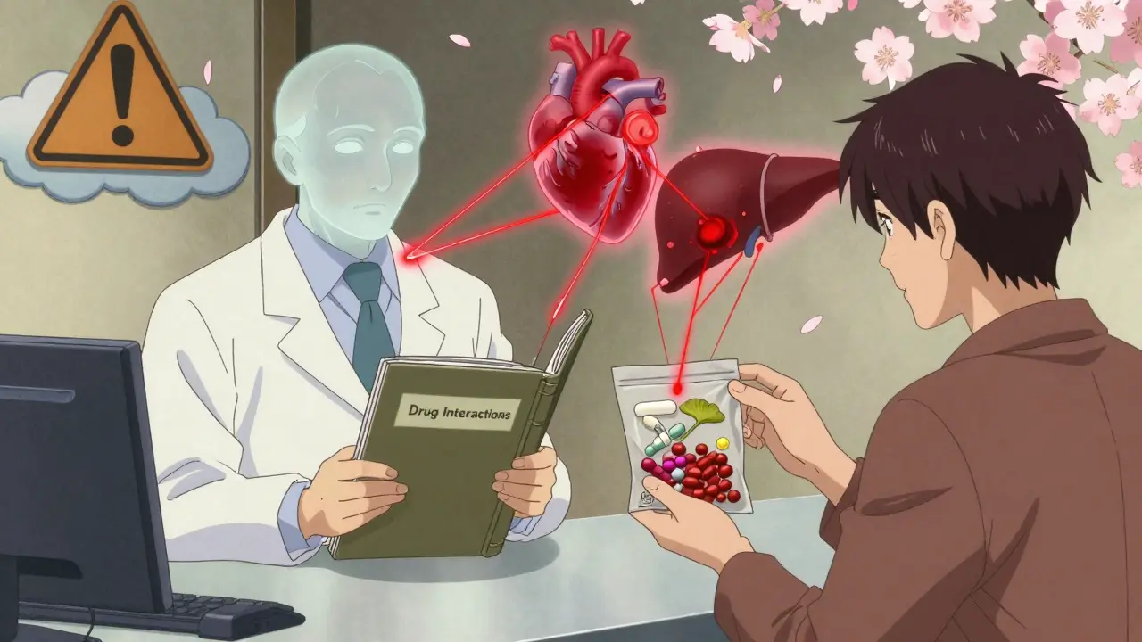 A pharmacist reviewing supplements as ghostly heart, liver, and clot figures pulse above, surrounded by ukiyo-e clouds and warning signs.