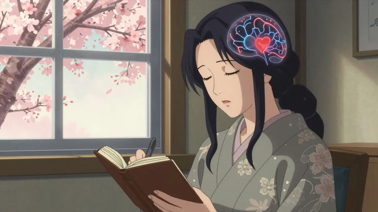 A woman journaling at a window with cherry blossoms, soft neural light glowing gently around her head.