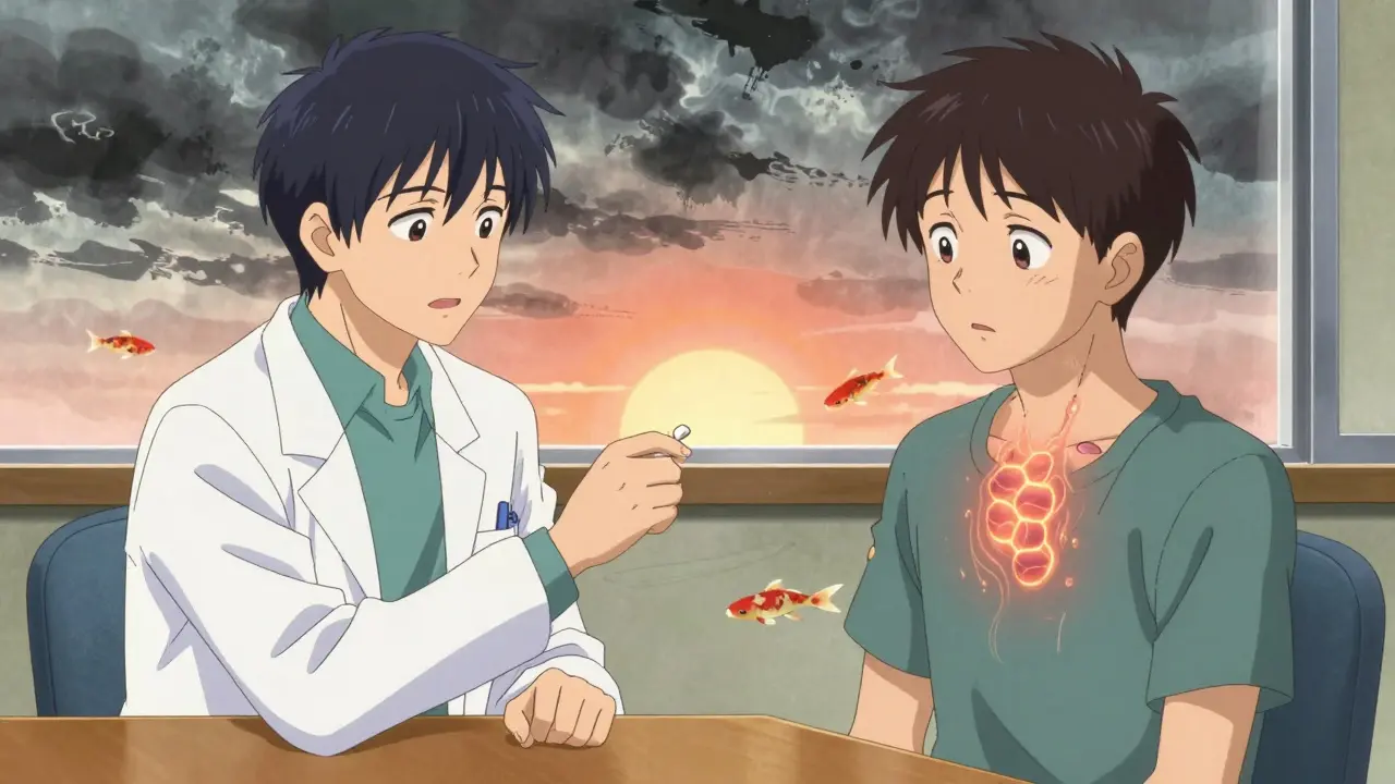 An allergist and patient face a table with a pill as glowing hives ripple across the patient's skin.