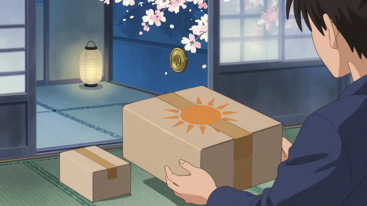 Delivery of mail-order medication with savings symbol at home