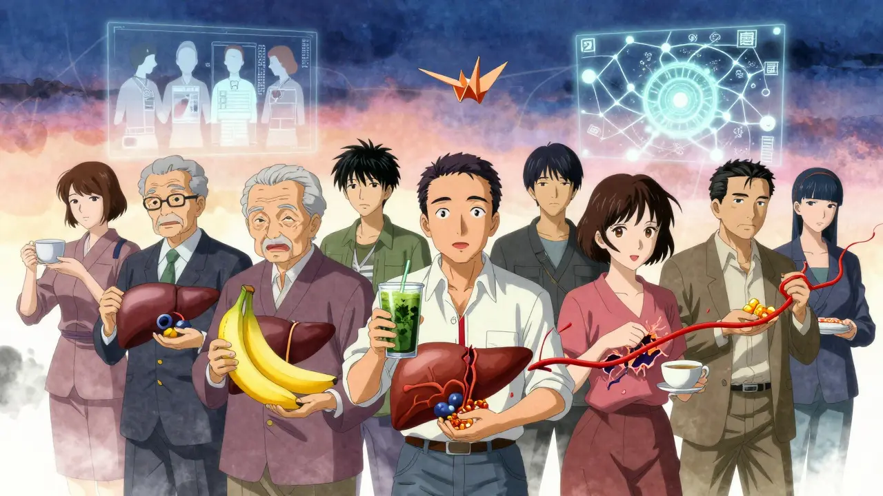 Diverse people holding food and supplements, with invisible forces affecting their organs, under a glowing AI network with Japanese calligraphy.