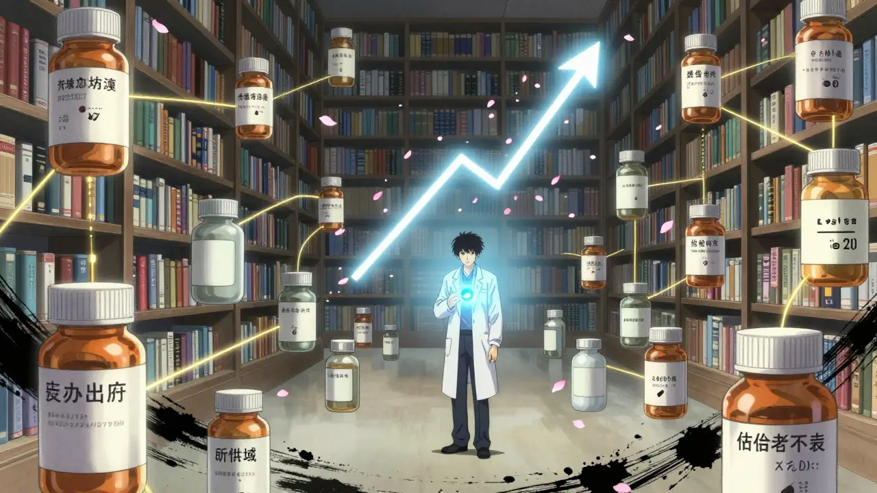 Doctor holding a glowing generic pill amid floating prescriptions, data streams and cherry petals forming a rising graph.
