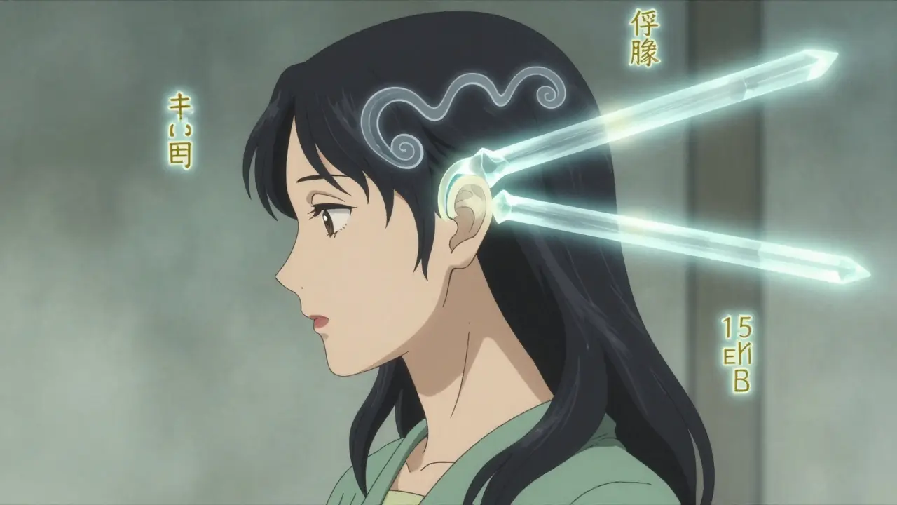 Dual sound pathways through ear and bone, with a visible 15 dB gap represented as a glowing rift in anime style.