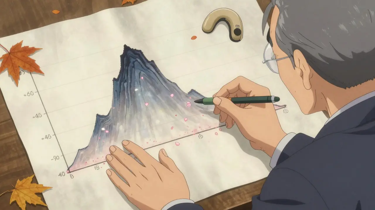 Elderly man and audiologist examining an audiogram on rice paper, hearing loss shown as fading cherry petals.