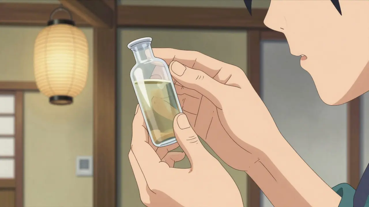 Parent checking medication vial in sunlight for discoloration, traditional kitchen setting.