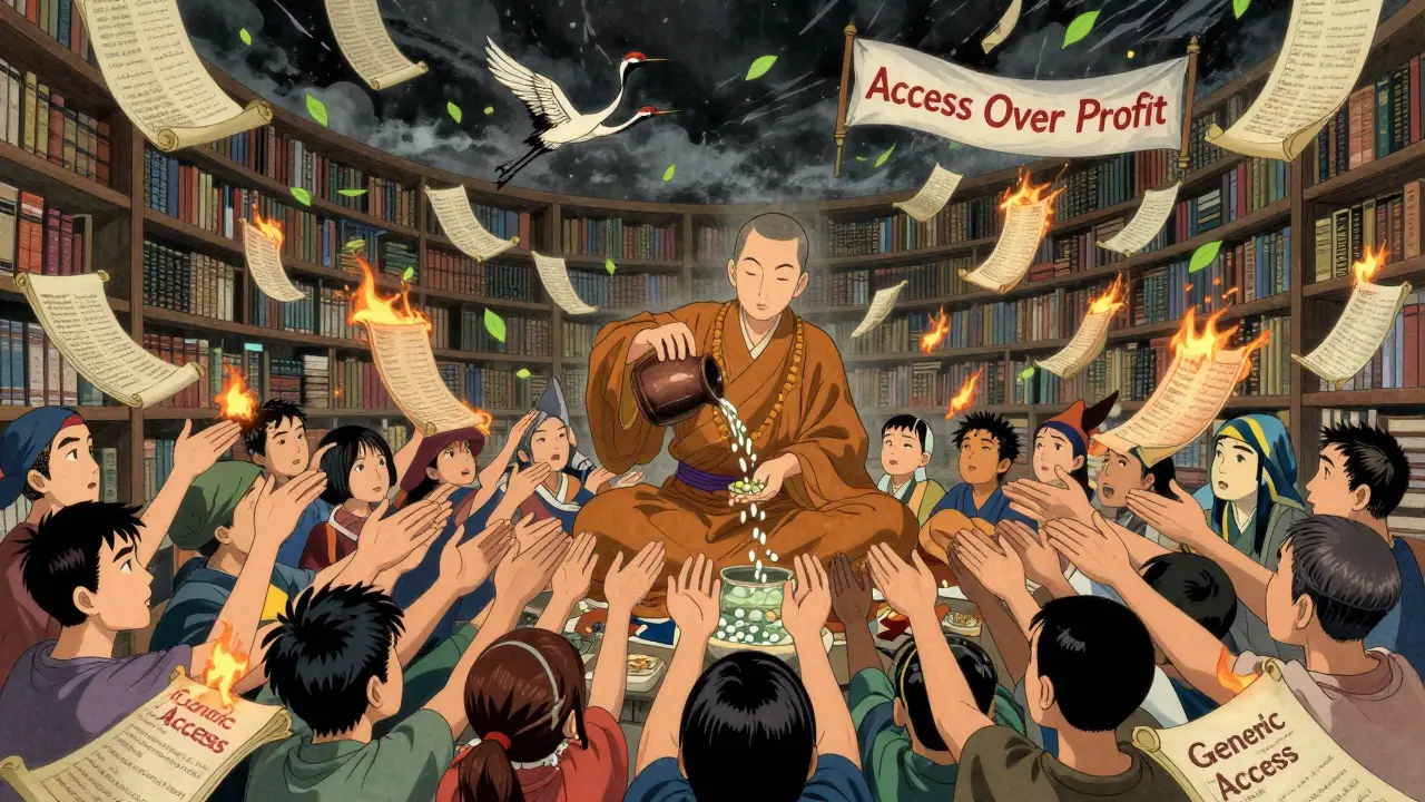 Patent scrolls burn as generic medicine flows to patients, guided by a monk under a banner reading 'Access Over Profit'.