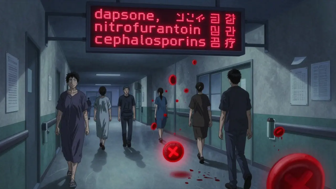 Patients walking with heavy limbs in a hospital hallway, their shadows breaking into dissolving red blood cells beneath a flickering drug warning sign.