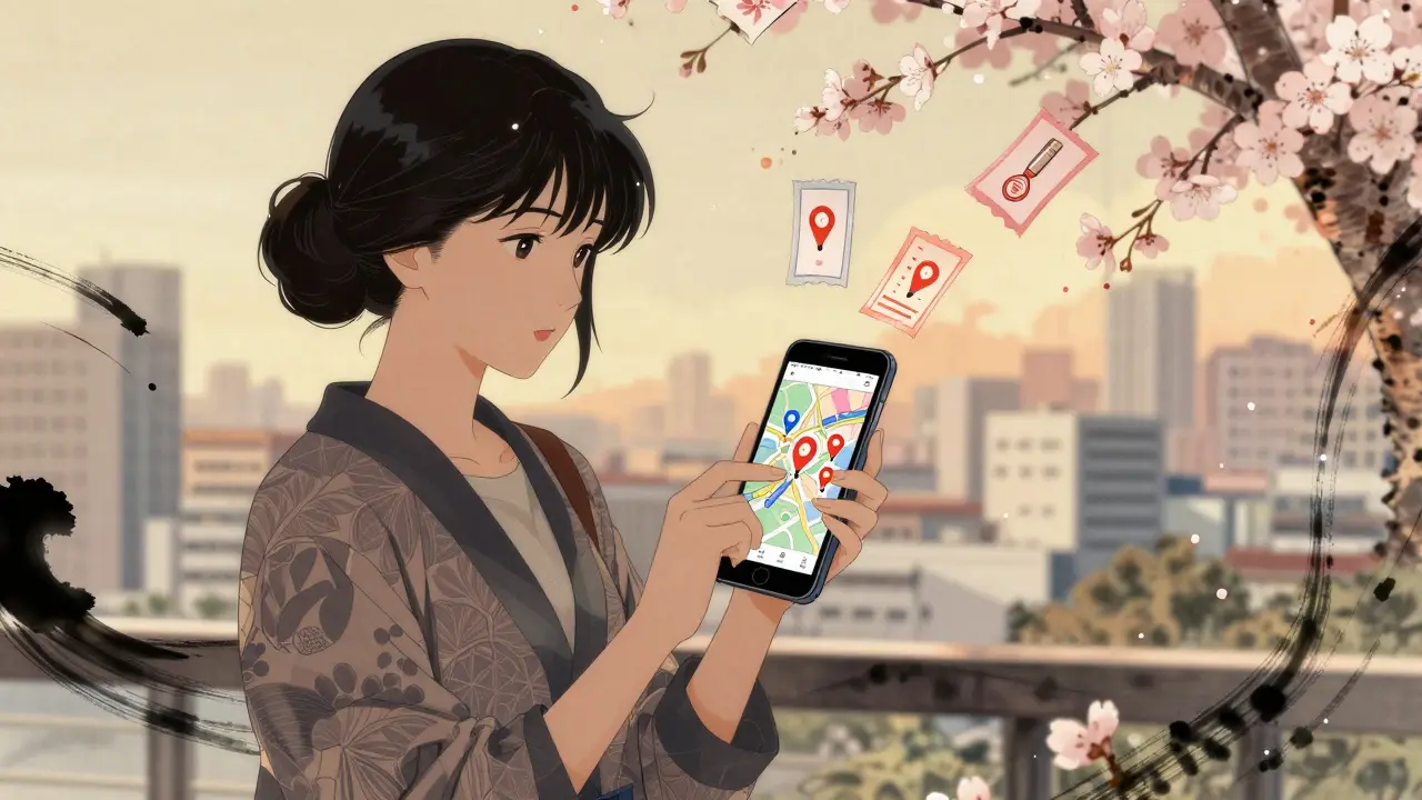 Person using smartphone with pharmacy map icons and coupon symbols