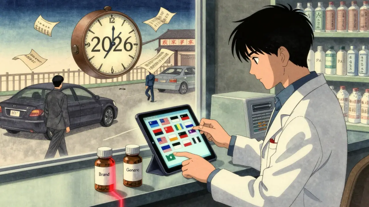 Pharmacist at border pharmacy using a tablet showing 51 state rules, with two pill bottles and a 2026 reform clock in anime ukiyo-e style.