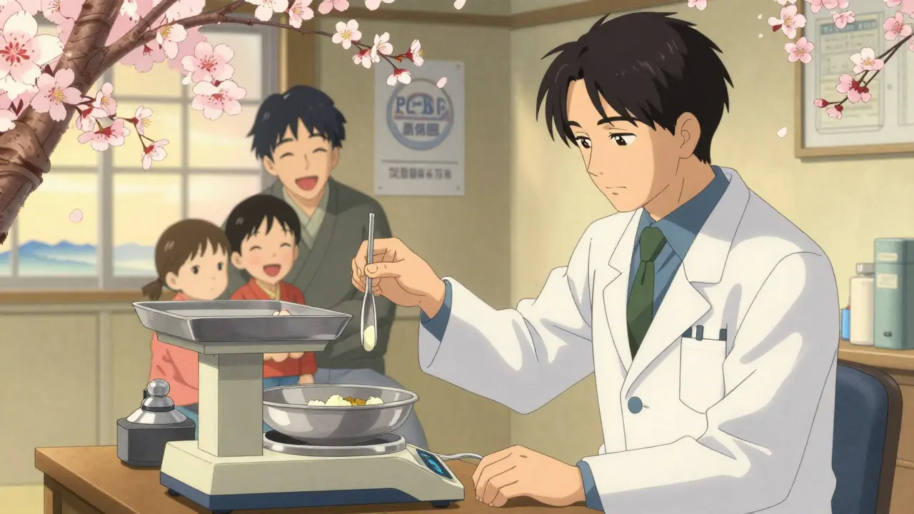 Pharmacist using scale for compounding, PCAB symbol on wall, parent and child relieved. Cherry blossoms background.