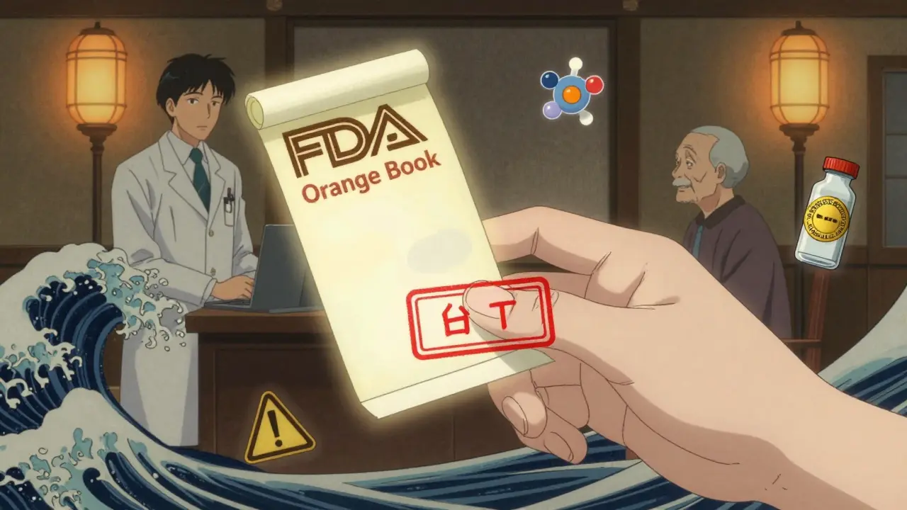 Prescription label with consent stamp and FDA Orange Book floating nearby, in ukiyo-e influenced anime style with symbolic icons.