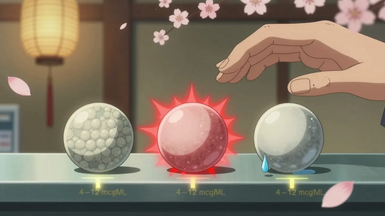 Three generic carbamazepine tablets with different release patterns, glowing therapeutic range markers.