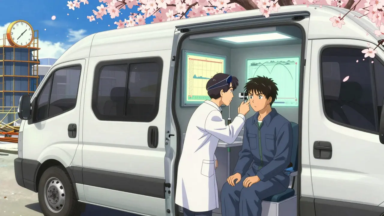 A mobile testing van conducts a hearing exam outside a construction site with audiogram curves like traditional scrolls.