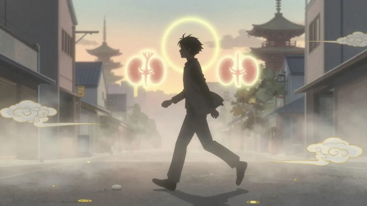 A person walks at dawn with heart and kidney icons glowing beside them, symbolizing protection.