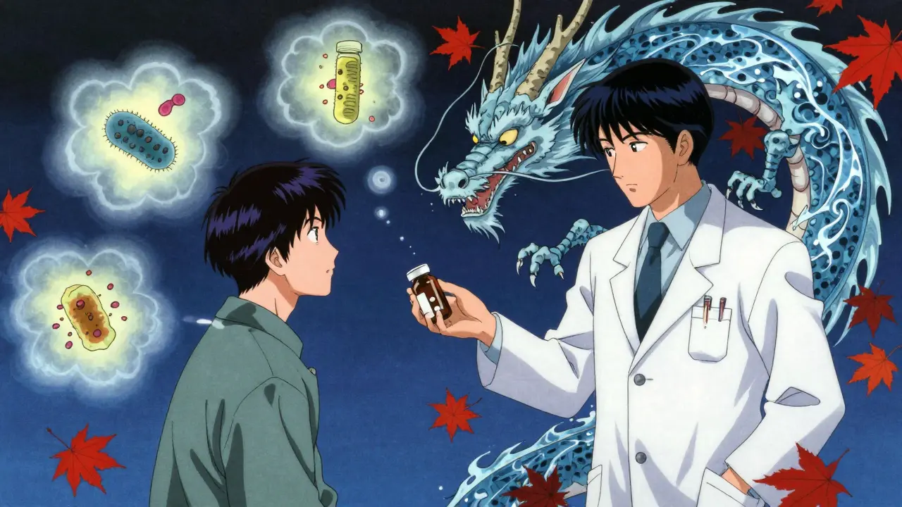 A pharmacist gives a pill as protective dragon guards against infection and ketoacidosis spirits.