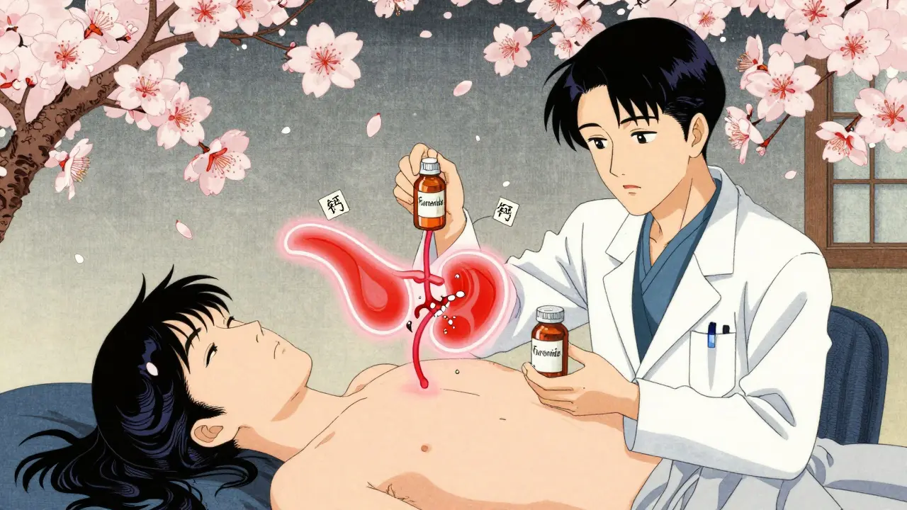 A pharmacist holding a pill bottle while a glowing bladder and medical symbols float around a patient in ukiyo-e style.