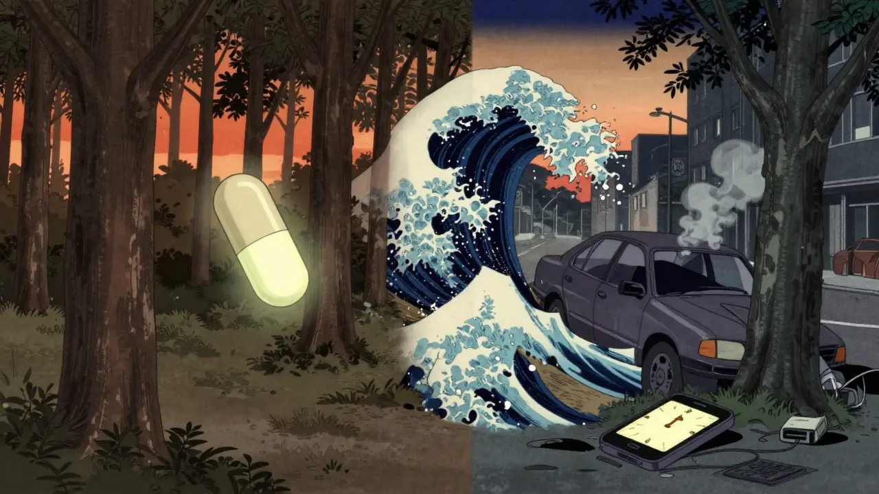 A serene forest with a melatonin capsule on one side, a car crash on the other, separated by a symbolic ukiyo-e wave.