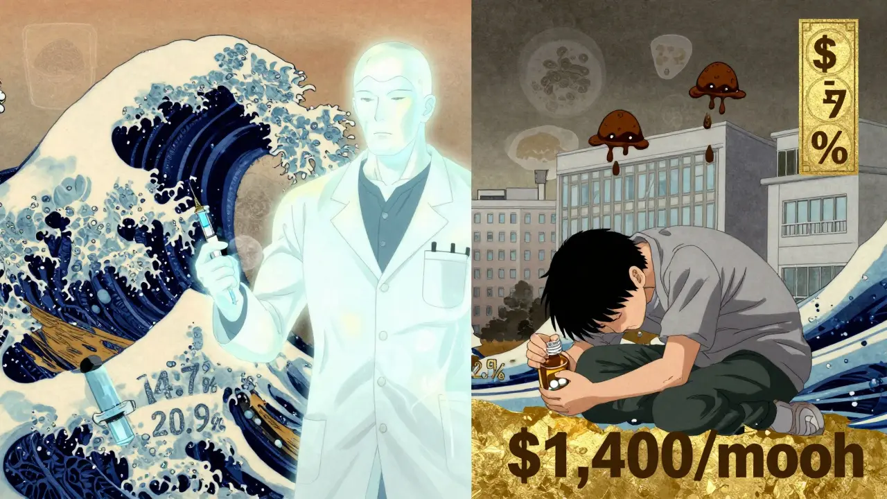 A split scale showing high weight loss from GLP-1 injections versus side effects from older pills, in traditional Japanese anime style.