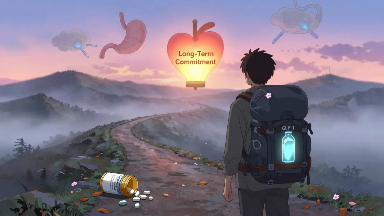 A traveler on a mountain path carrying a GLP-1 vial, with discarded weight loss pills behind them, in ukiyo-e inspired anime art.